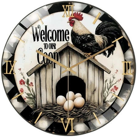 Round Glass Wall Clock, Cute Rooster Welcome to Our Coop WreathGlass Wall Clock for Homes, Bars, Offices, Caves, Garages, And Living Rooms. Also Makes A Great Gift. Style 12×