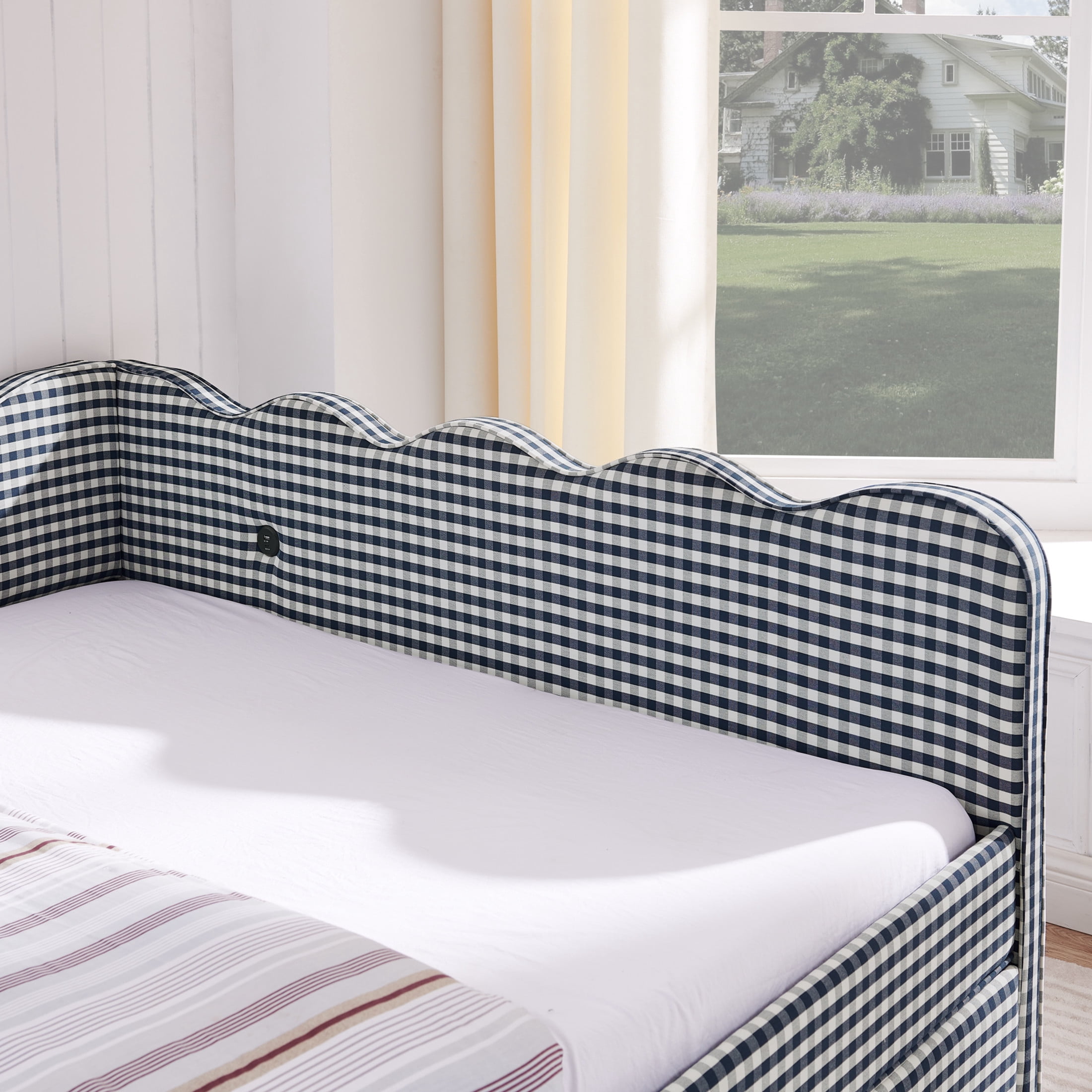 Noble House Corlan Queen Size Waved Daybed, Cozy Gingham Linen Sofa Bed with Storage Drawers and Charging Port, Navy Blue