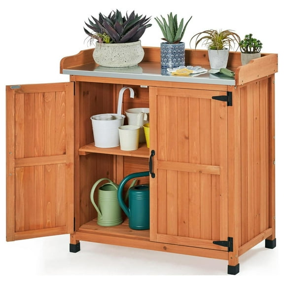 Garden Potting Table - Outdoor Garden Patio Wooden Storage Cabinet & Solid Wood Planting Work with Large Space Storage & Metal-Plated , Brown 36″ L × 16″ W × 37″ H