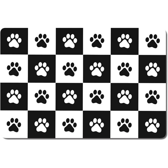 Dog Food Mat, 16"x24" Dog Mat for Food and Water, Absorbent Cat Bowl Mat Protect Floors, Cute Cat Food Mat for Feeding & Watering Supplies, Pet Feeding Mat, Black White Footprint
