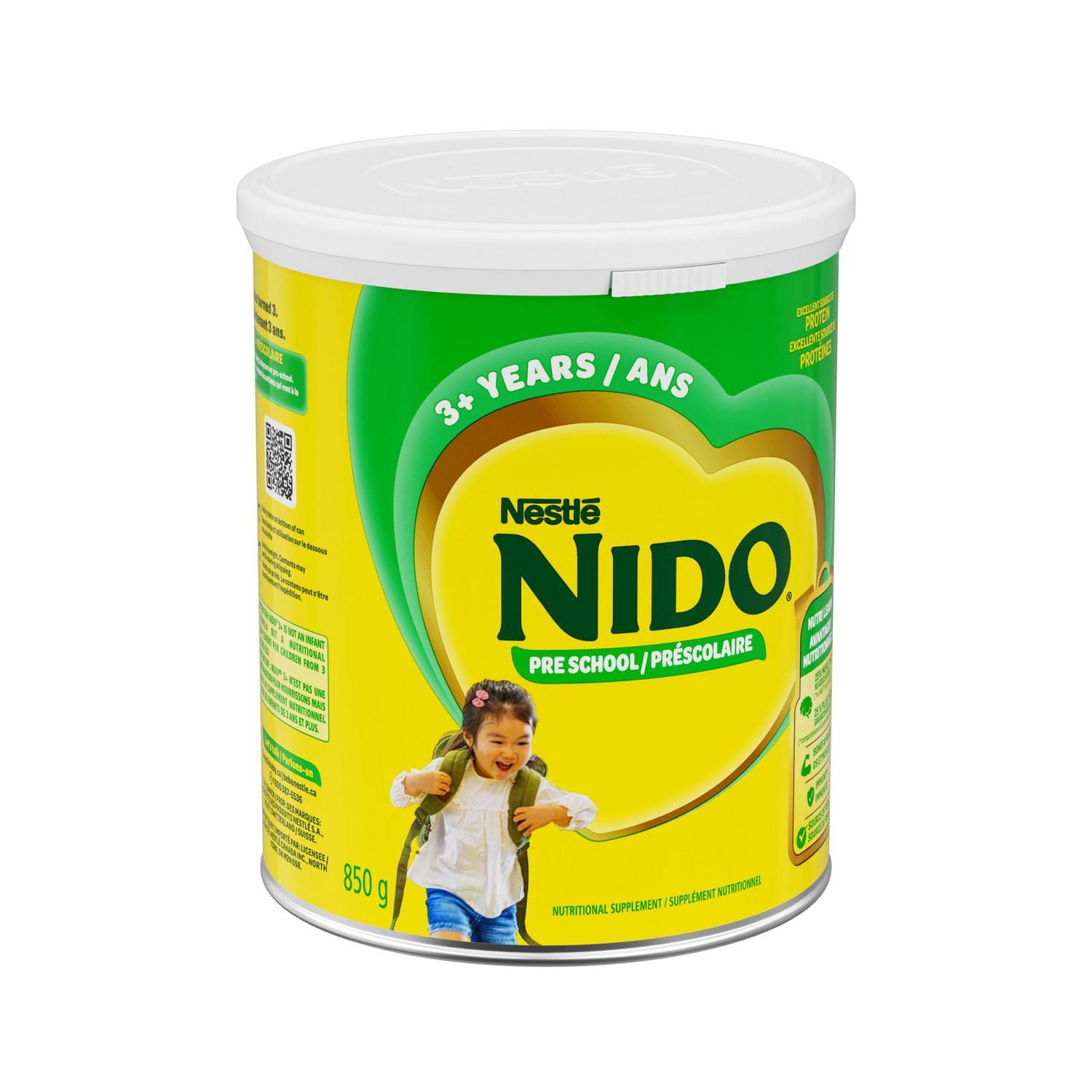 Nido 3+, Supplément Nutritionnel pour enfants de 3 ans et plus, Protéines, Fibres, ADH, Fer, Calcium, Probiotiques, Vitamines D et A, Halal, Poudre, Ajoutez simplement de l’Eau 850 g