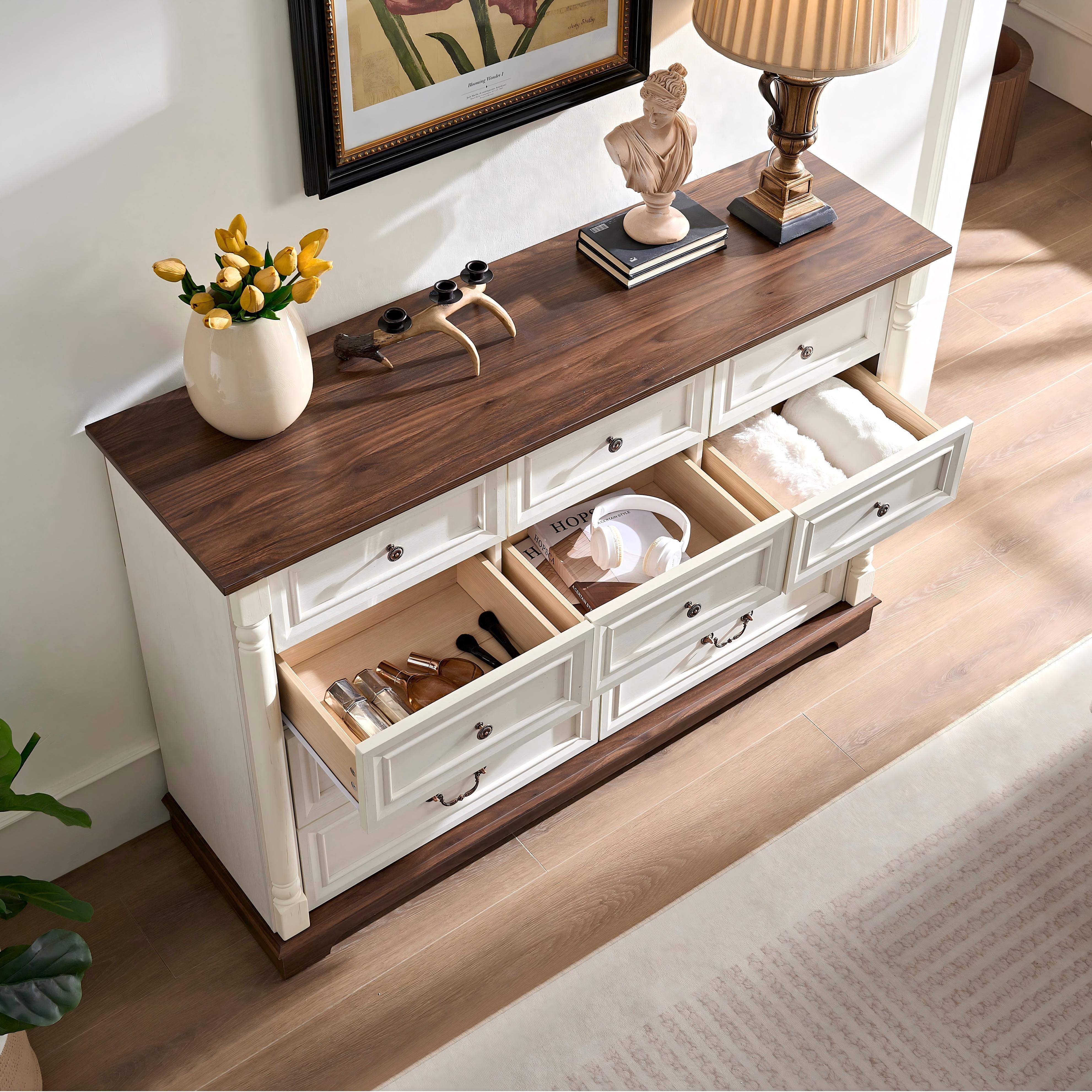 AENKYO 10-Drawer Wide Dresser, Extra Large Vintage Farmhouse Drawer Chest for Bedroom or Living Room, Antique White