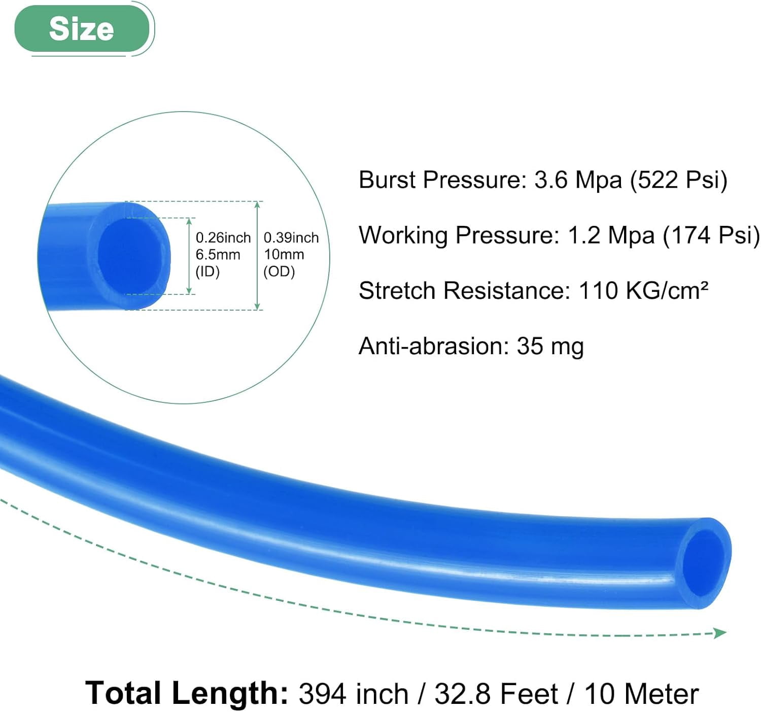 FRKSMD-Pneumatic Tubing Pipe, 6.5mm(ID) x10mm(OD) PU Polyurethane Air Compressor Hose for Air Compressor Fitting/Gas/Fluid Transfer, Air Hose Line Tube [10M/32.8ft, Blue]