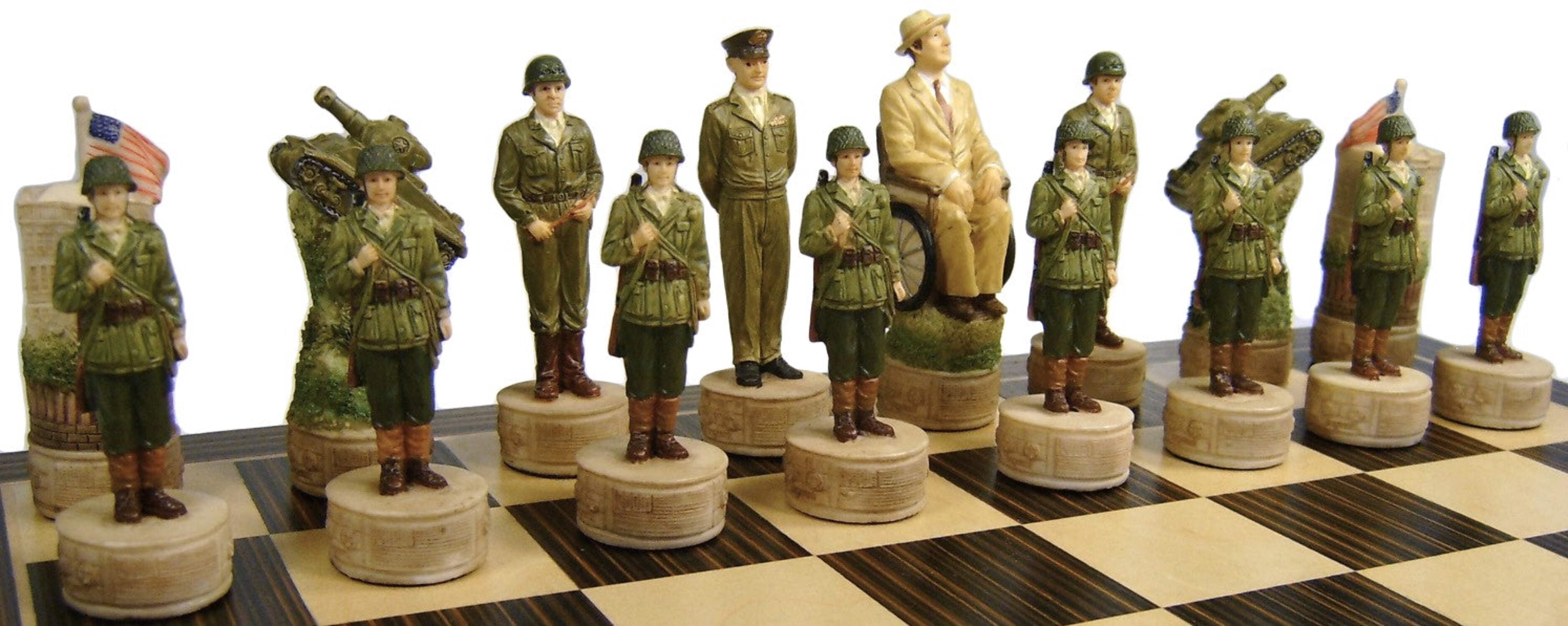 World War 2 US vs GERMANY Chess Set W/ Ebony Black  Maple 14" Wood Board