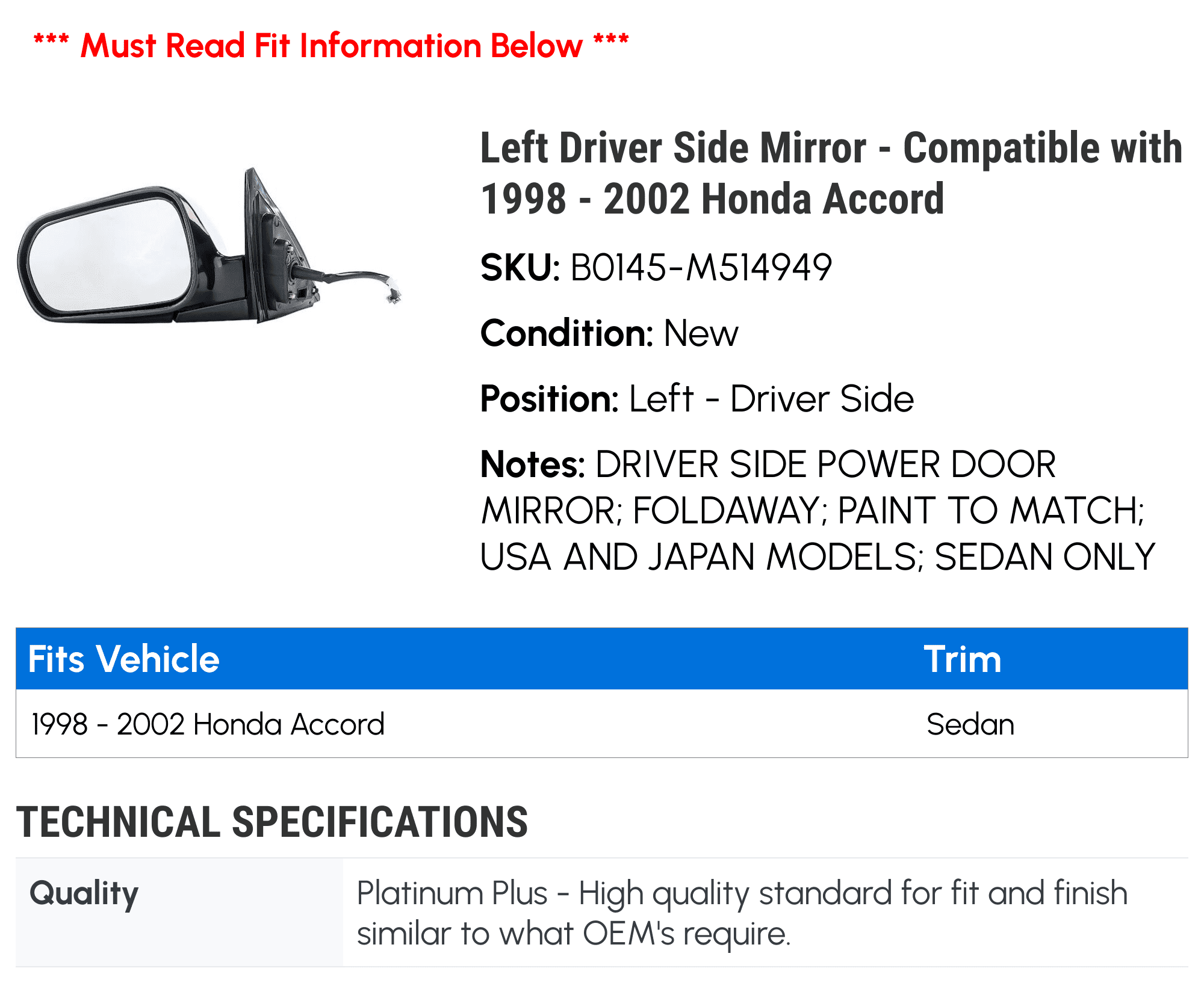 Left Driver Side Mirror - Compatible with 1998 - 2002 Honda Accord 1999 2000 2001