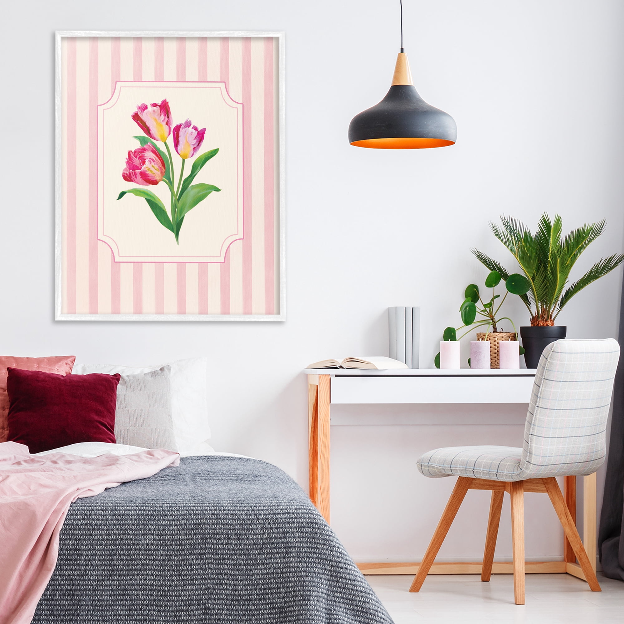 Stupell Industries Magenta Tulips over Stripes White Framed Giclee Art, design by Diane Neukirch