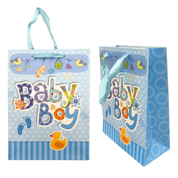 7 in x 9.5 in Baby Boy Small Decorative Gift Bag, Blue Bag with Polka Dots, Rubber Duckies, Ribbon Handles, Perfect for Baby Showers, Newborn Gifts, Celebrating the Arrival of a Little One, Blue
