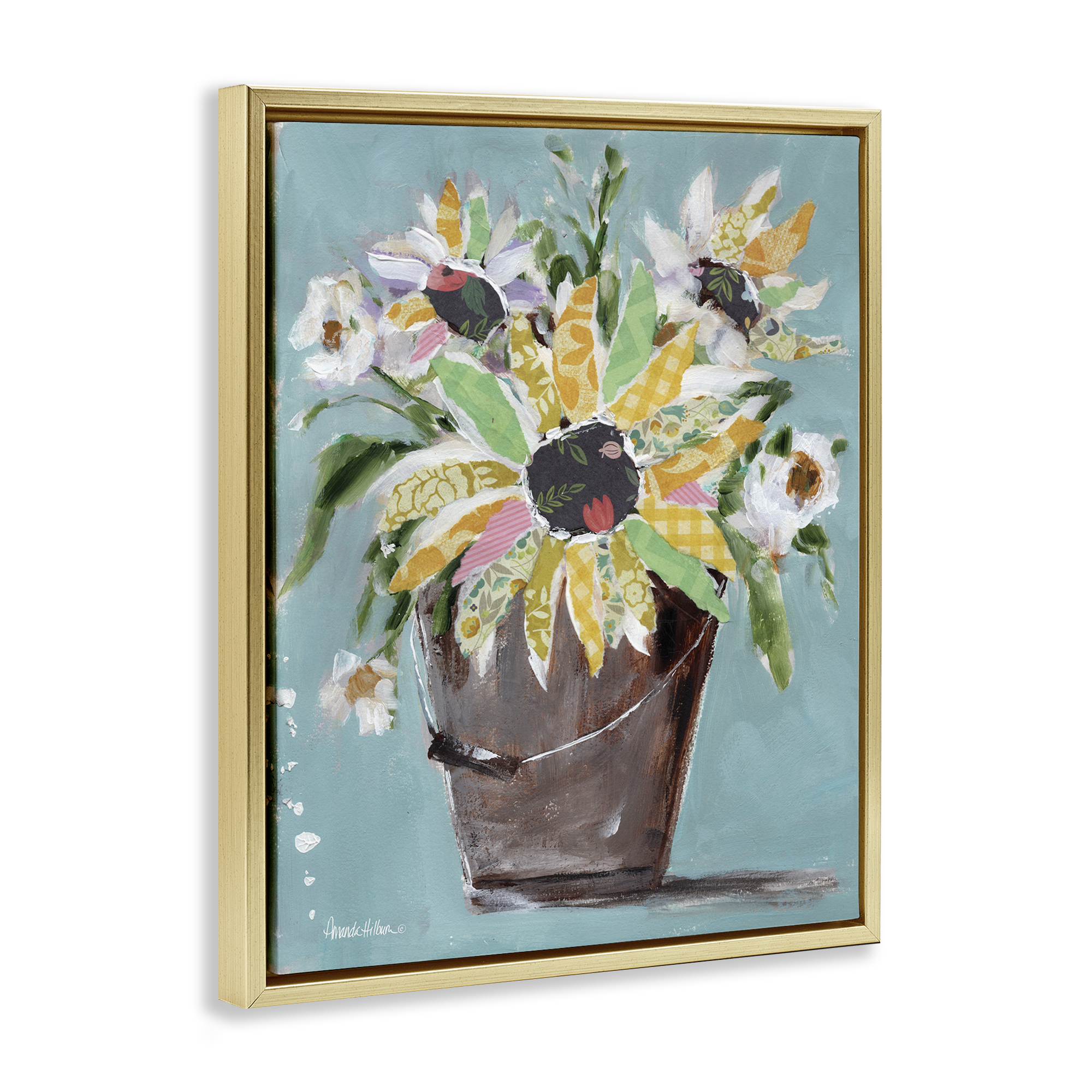 Stupell Industries Flower Bucket Bouquet Botanical & Floral Painting Gold Floater Framed Art Print Wall Art, 17 x 21