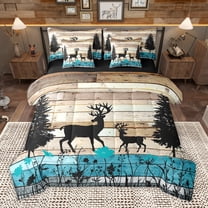 Homewish Safari Moose Deer 7-Piece Twin Bedding Sets,Rustic Farmhouse Cabin Bedding Comforter Set,Brown Black Blue Sheet Sets For Boys,Breathable Home Decor Reversible