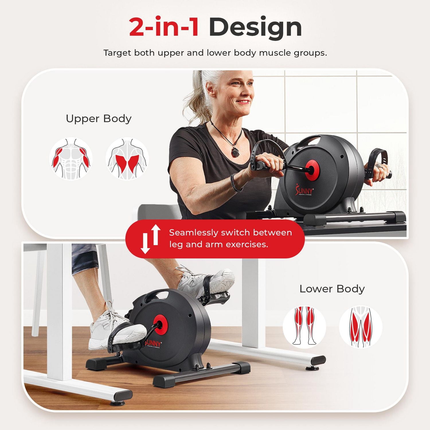 Sunny Health & Fitness Mini Pédalier Intelligent Sous le Bureau, Vélo d'Exercice à Double Fonction avec Conception à Profil Bas - SF-B023005DGY