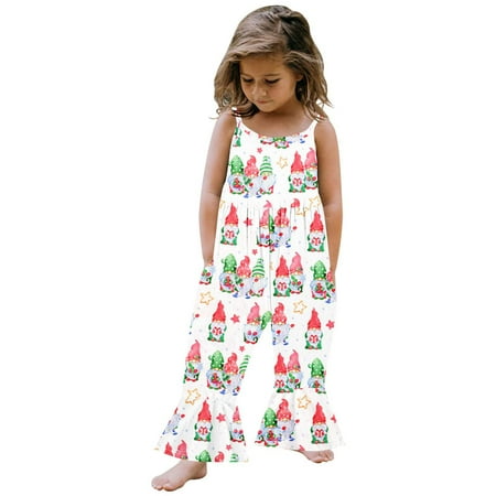 

EUMODR Neutral 0-3 Months One Baby Girl Birthday Outfit Toddler Girls Christmas Sleeveless Cartoon Prints Romper Bell Bottoms Flare Jumpsuit Clothes