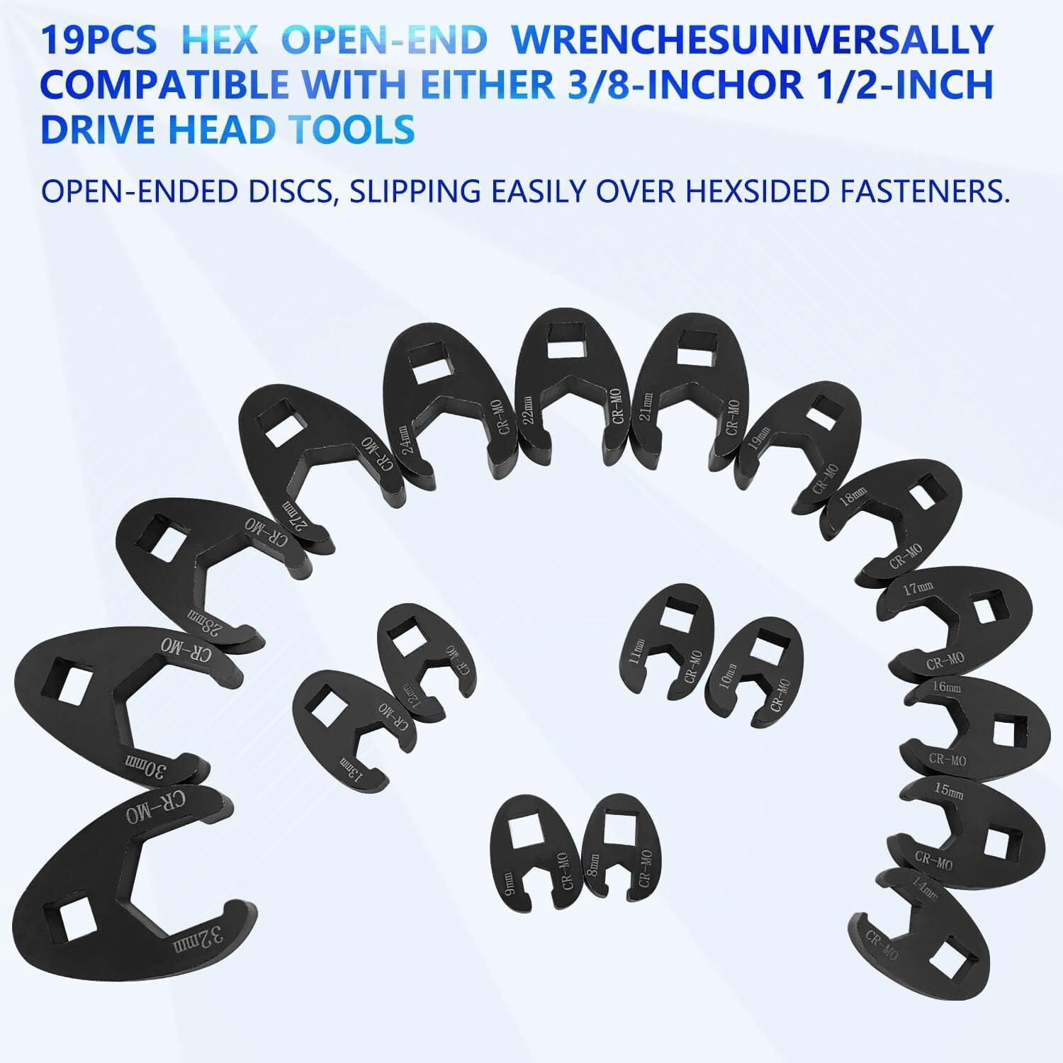 19pc Metric Crowsfeet 3/8" 1/2" Drive Spanner Socket Wrench Set Crowfoot 8-32mm