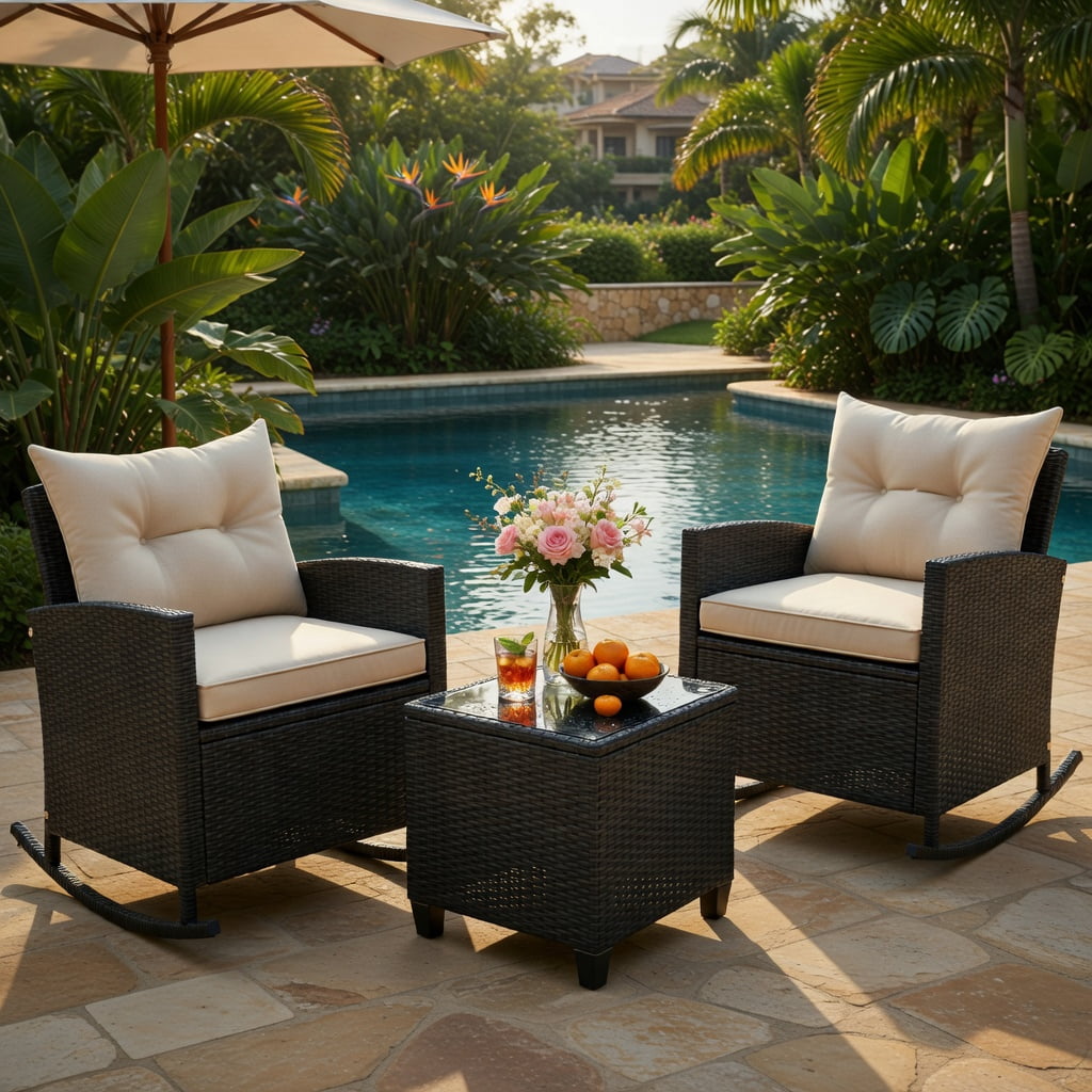 Hommoo 3-Piece Outdoor Rattan Rocking Chair Set with Tempered Glass Coffee Table & Removable Cushions, Weather-Resistant PE Wicker Patio Furniture for Backyard, Poolside & Porch, Brown