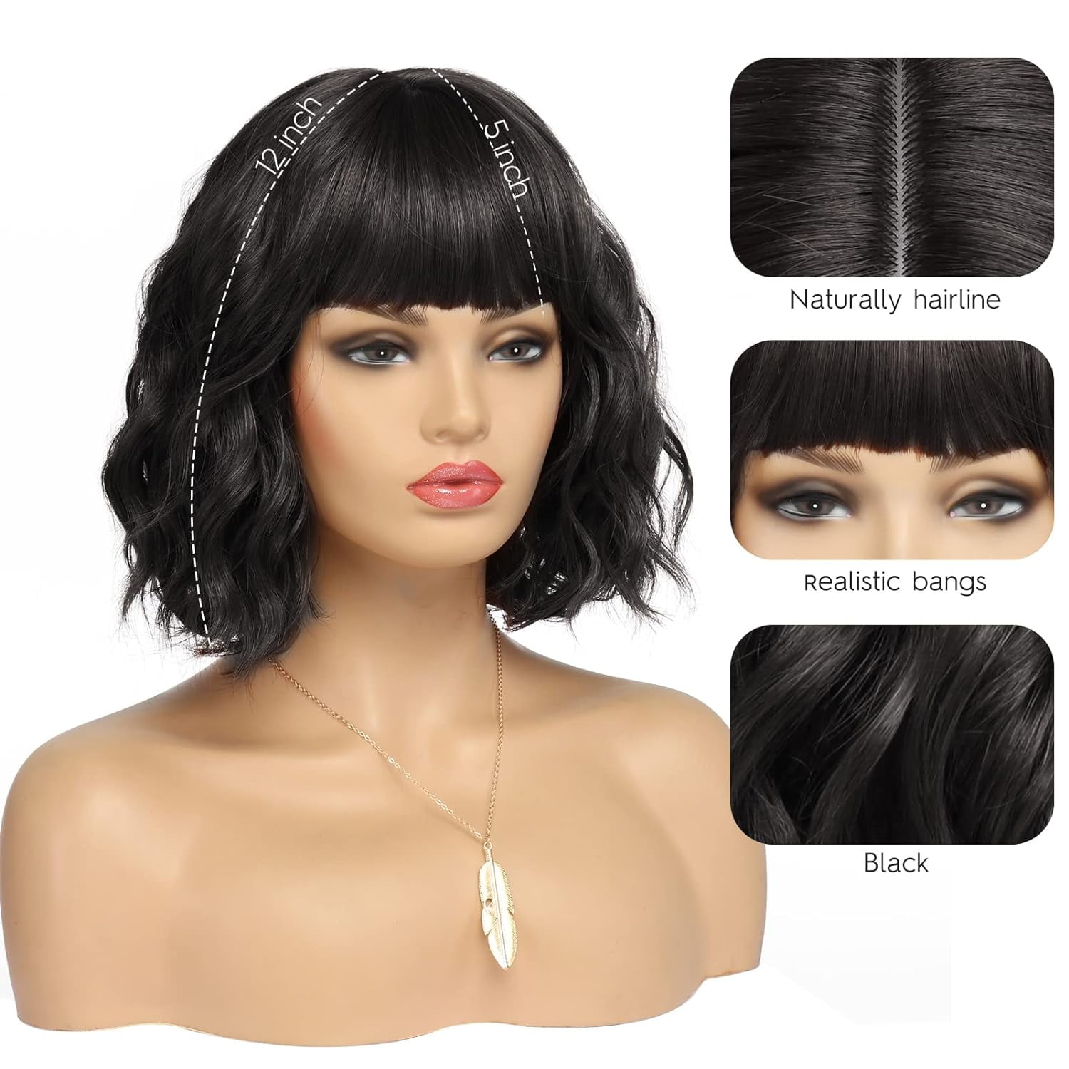 DOPI Short White Silver Wigs for Women Ombre Grey Wavy Bob Wig with Bangs Medium Length Synthetic Hair Water Wave Dark Roots Wig Gray Colorful Wigs（12 Inches）