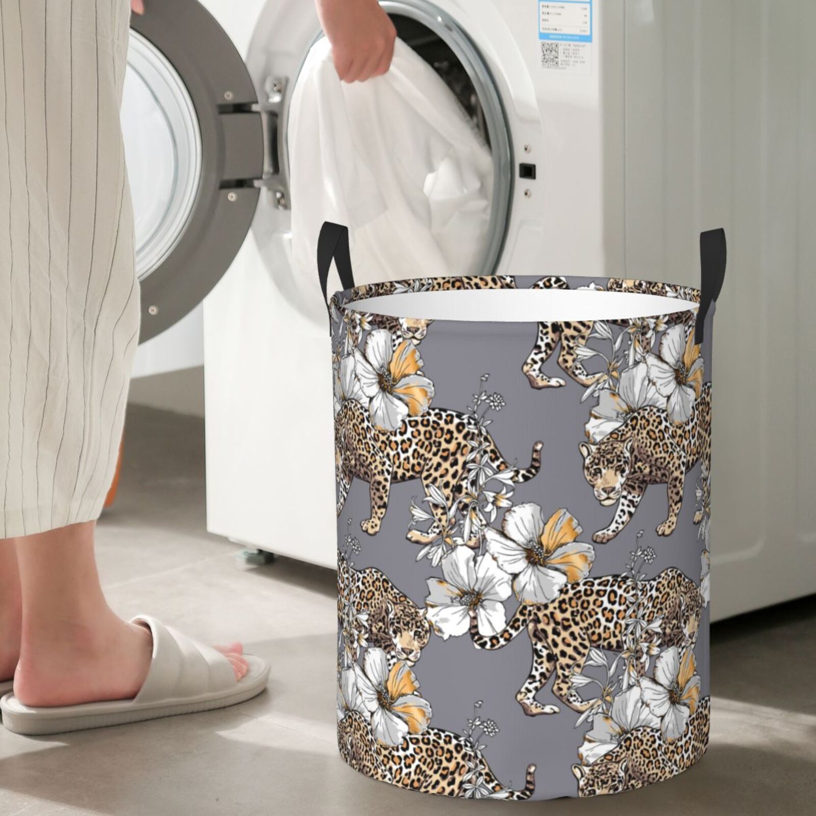 Large Laundry Basket with Handles - leopard Gold Hibiscus floral grey Kids Baby Dirty Clothes Laundry Hamper for Bedroom Aesthetic