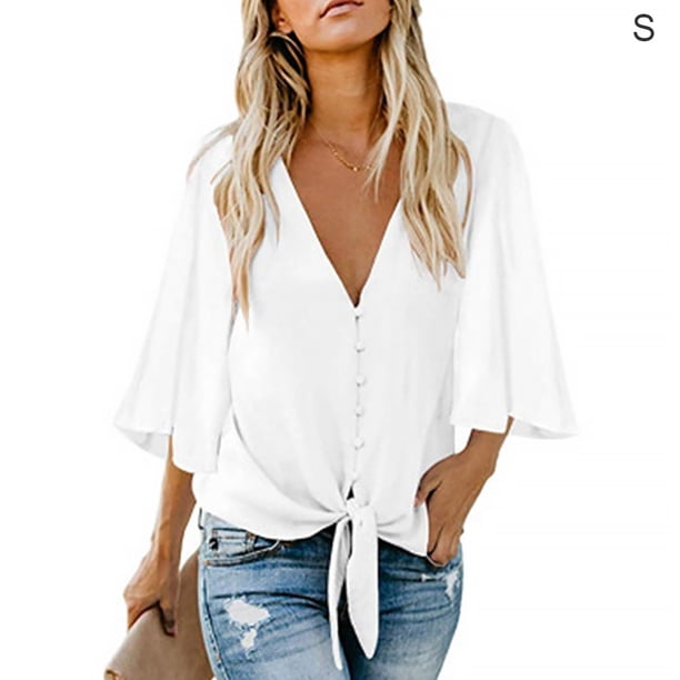 Qarigey Camisa de mujer Color sólido Manga larga Botón Solapa Blusa casual Prendas para la parte del cuerpo Blanco S
