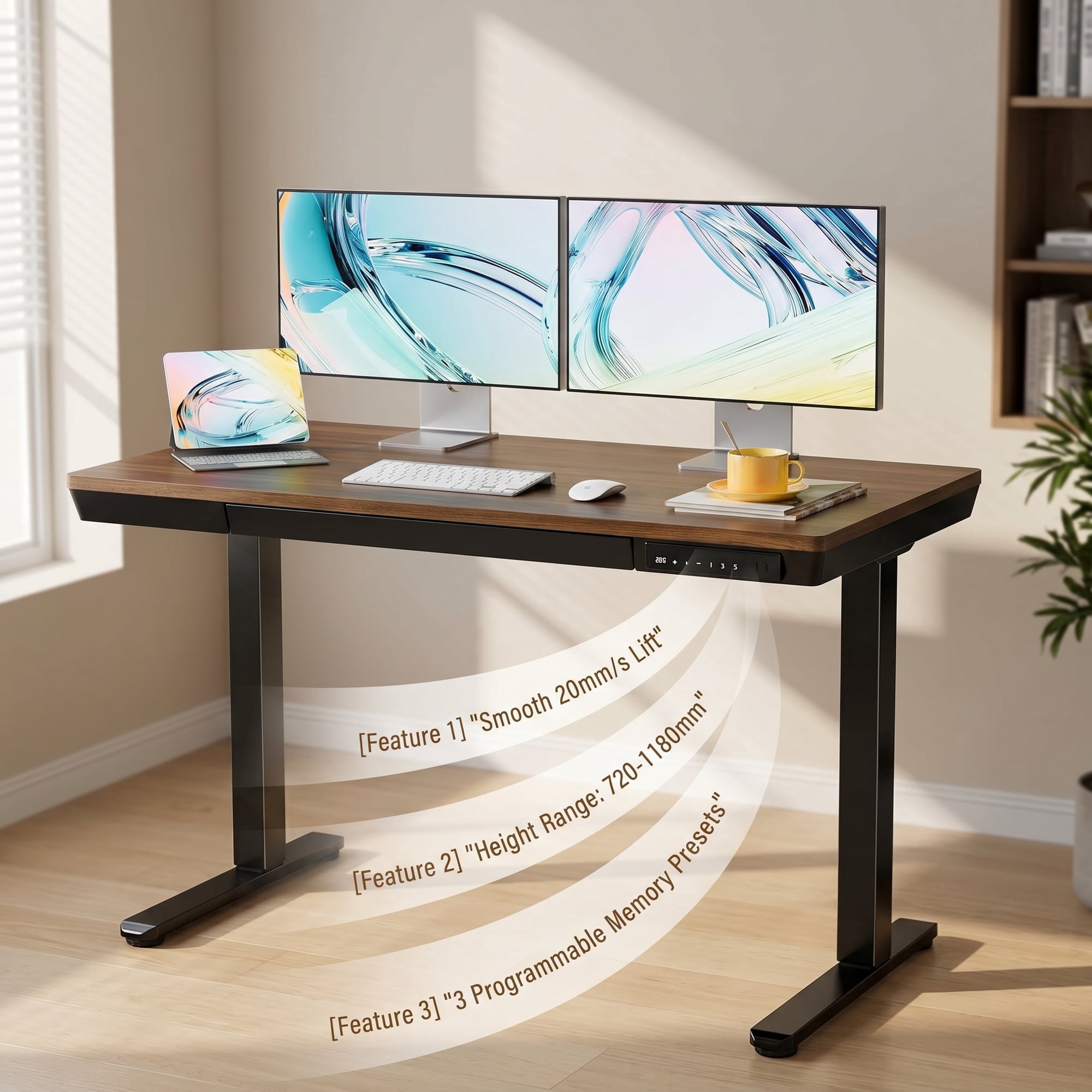 One-Piece Tabletop Standing Desk with USB & Type-C & Drawers, 48" x 24" Electric Adjustable Height Desk, Sit to Stand Up Computer Desk, Walnut