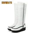 thumbnail image 2 of Bottes d'Hiver Blanches Chaudes en Fourrure Hauteur Genou pour Femmes Rouge Noir Rayé PU Imperméables pour Fête Talons Compensés Plateforme Longues, 2 of 7