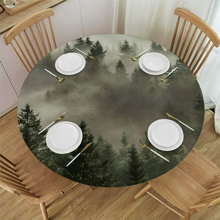 

Orinice Trees Fog Round Table Cover Stain Resistant Washable Indoor Outdoor Tablecloth Kitchen Dining Wedding Parties Outdoor Fitted 100% Polyester Fiber 46-50