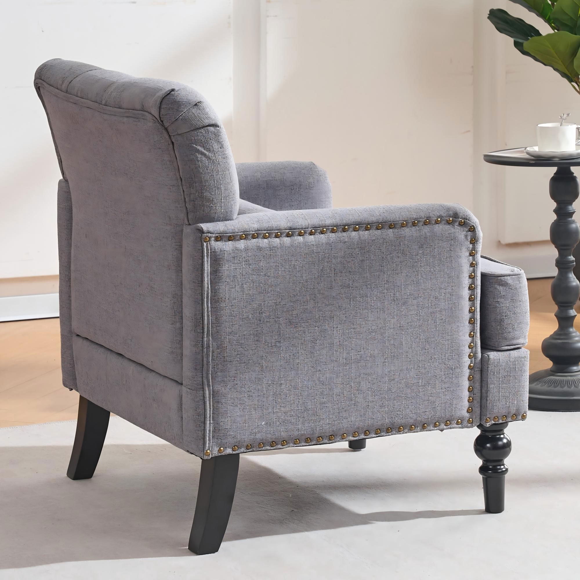 MAYEERTY Mid Century Tufted Accent Chair with Pillow, Upholstered Armchair with Rubber Wood Legs, for Living Room Bedroom