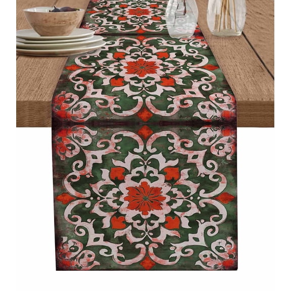 Ldtrchee Red Green Flowers Table Runner 72 Inches, Retro Floral Petal Abstract Art Bed Runner Dresser Scarves Tabletop for Indoor Outdoor Parties/Ceremony/Banquet, 14" x 72"