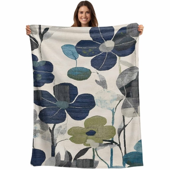 Navy Blue Green Floral Blanket Soft Cozy Warm Throw Blanket for Couch, Plush Fuzzy Flannel Fleece Blankets for Sofa, Vintage Botanical Leaves Bed Blankets Lightweight Gifts for Women, 32"x48"