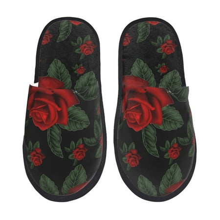 

Fuzoiu Roses Print Unisex Furry Slippers Plush Indoor Shoes Trendy House Slippers Anti-Skid EVA Sole House Shoes for Home Office and Travel -Large