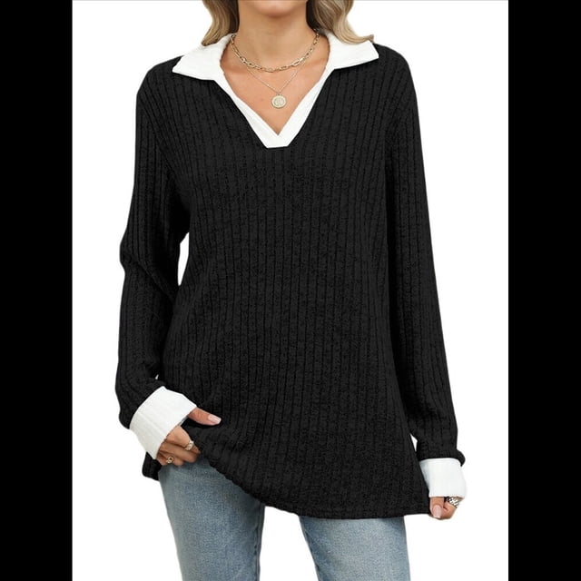 Suéteres de Cuello en V para Mujer, Jersey con Bloques de Color, Mangas Largas, Corte Holgado, Estilo Informal, Tipo Túnica, Camisetas. Negro XL