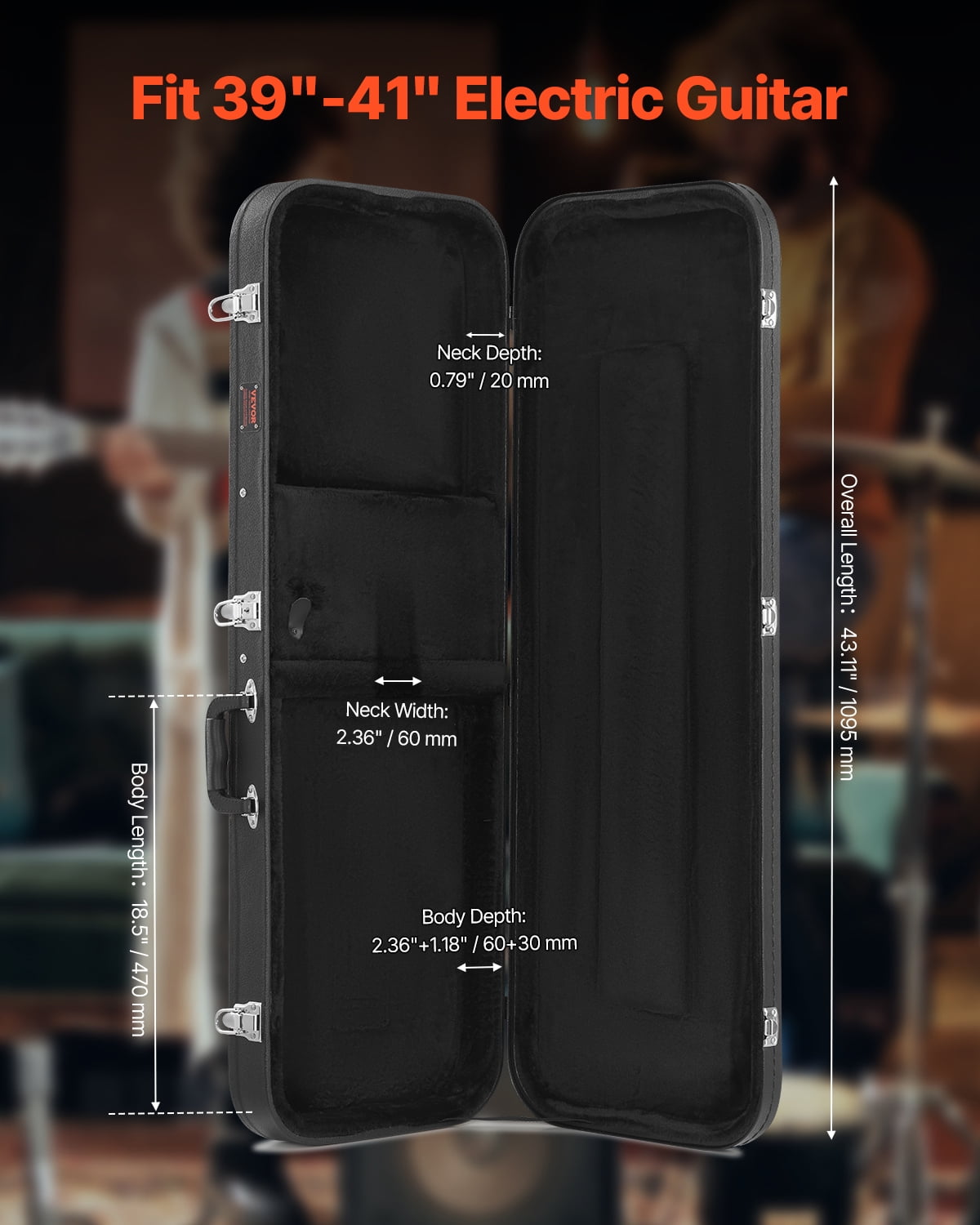 VEVOR Electric Guitar Hard Case, 43.11 in Rectangular Guitar Hard Case ,With Lock Latch Keys Handle,PVC Padding Soft Lining Water-Resistant Hard Shell Guitar Cases, for 39 in Electric Guitars,Black