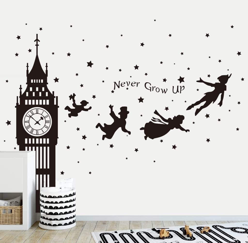bangyoudaoo Runtoo Peter Pan Wall Decals Big Ben Clock Never Grow Up Quotes Stars Wall Stickers Baby Nursery Room Kids Bedroom Wall Decor