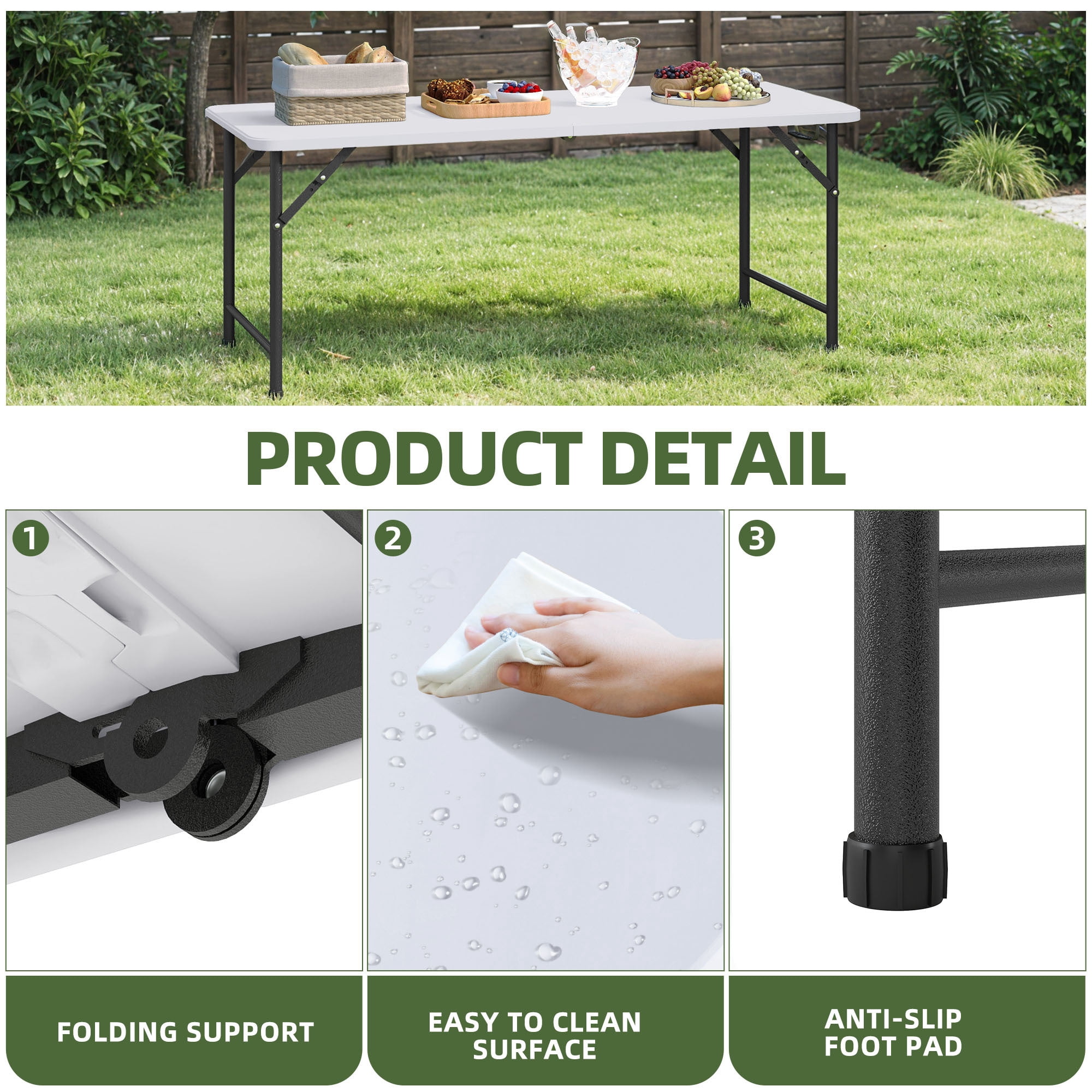 Uforic 6ft Heavy Duty Folding Table, 330 lbs Capacity Portable HDPE Table with Easy Carry Handle, Metal Legs, Stain Resistant for Indoor Outdoor Party Picnic Camping, Black