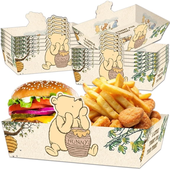 24 Pcs Winnie Boats Plates, The Pooh Baby Shower Plates, Winnie Disposable Food Bowl Tray, The Pooh Large Serving Snack Trays for Baby Shower, Snack Tray Food Boats for Babies Boys Girls Birthday