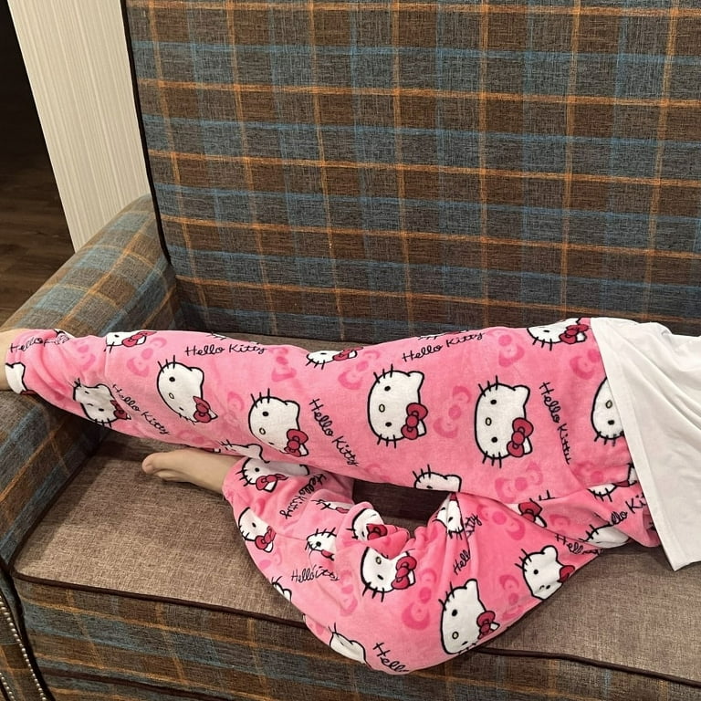 Sanrio Hello Kitty Flannel Pajamas Black Women's Warm Woolen Cartoon Casual Home Pants In Autumn Winter Fashion Trousers - Walmart.com