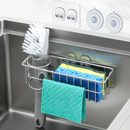 3-In-1 Sponge Holder for Kitchen Sink with Suction Cups & Adhesive Hook , In Sink Sponge Holder, Wall Hanging Sink Caddy Organizer Rack - Sponge, Dish Cloth, Brush, Scrubber - 304 Stainless Steel C40