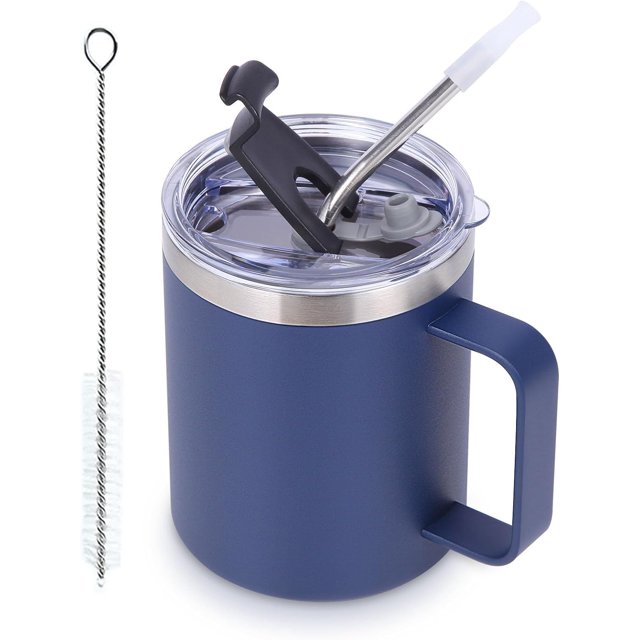 TRAHOO-12oz Tasse à Café Isotherme Étanche avec Couvercle Rabattable et Paille, Double Paroi en Acier Inoxydable avec Poignée, Thermos de Camping Réutilisable Garde au Froid/chaud (Marine, 1 Ensemble)