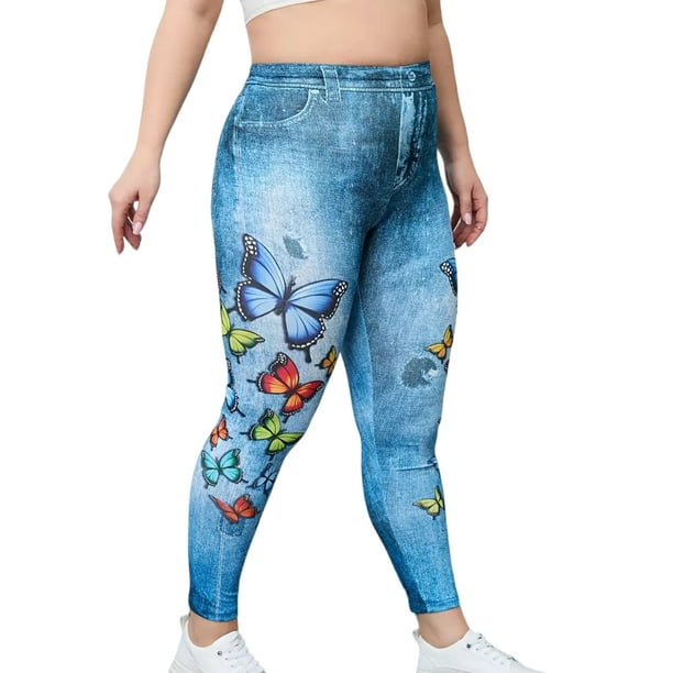 Bellella Women Faux Denim Pant Tummy Control Plus Size Leggings High Waist  Fake Jeans Skinny Elastic Waisted Pencil Pants Workout Bottoms Blue 5XL 