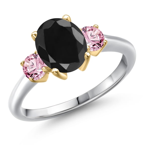 Gem Stone King 10K Two Tone Gold Black Sapphire and Pink Lab Grown Diamond Engagement Ring for Women | 3.00 Cttw | Oval 9X7MM | Gemstone September Birthstone | Size 5