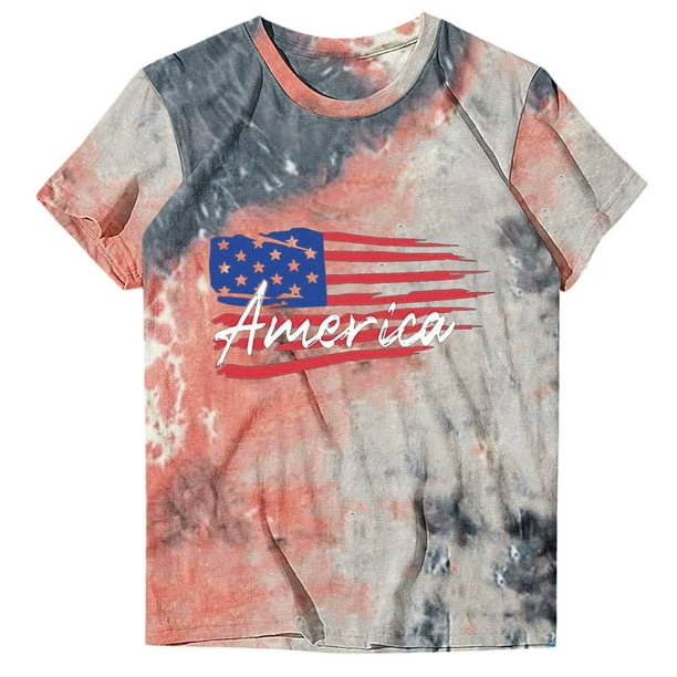 Blusa Informal Elegante Para Mujer, Camisetas Divertidas Y Lindas de Manga Corta Con Estampado de Bandera Del Día de La Independencia, Camiseta Teñida Anudada Odeerbi ODB165541