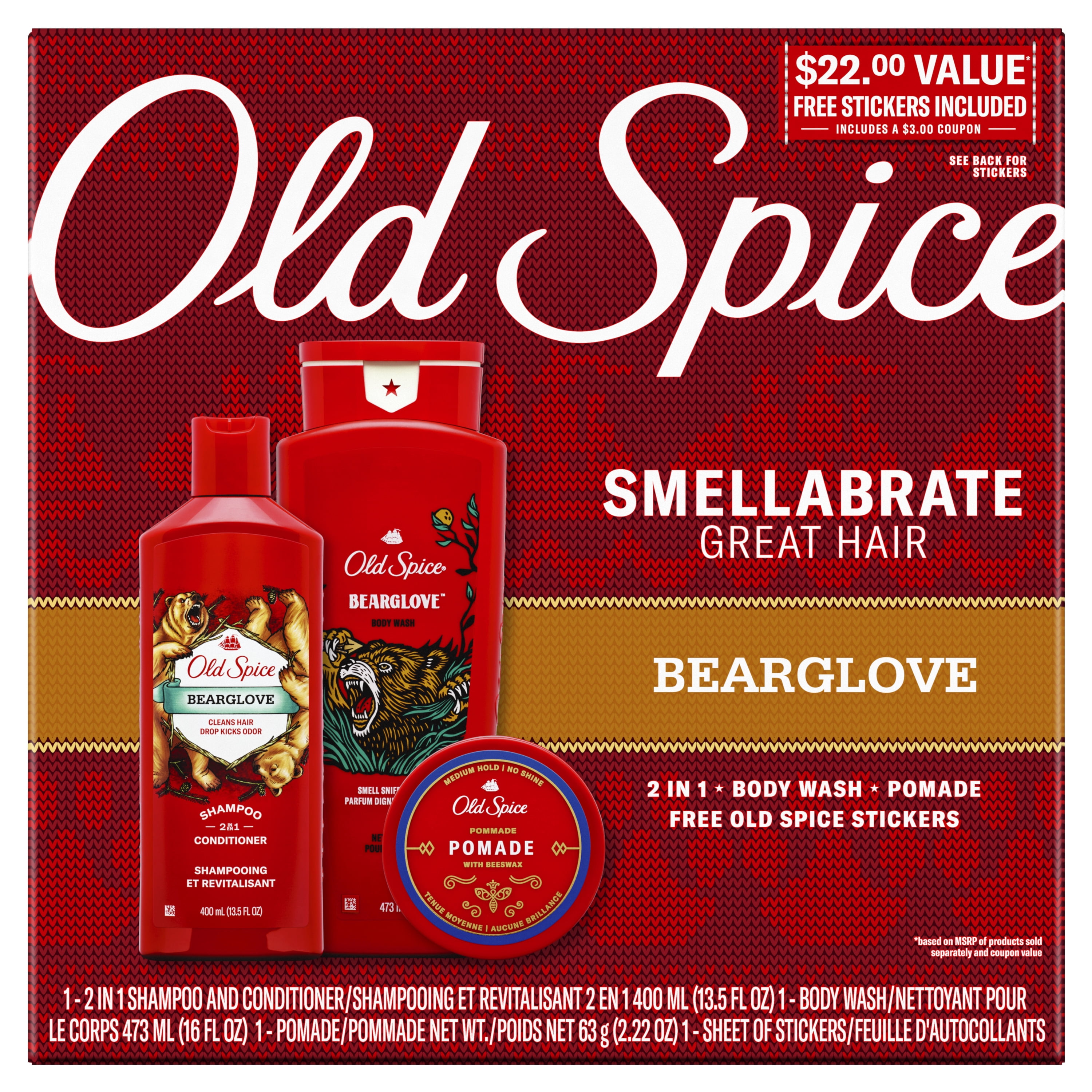 ($22 VALUE) Old Spice Hair Style Bearglove Holiday Pack With 2 in 1 Shampoo and Conditioner, Body Wash, Hair Pomade and Sheet of Stickers
