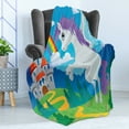 thumbnail image 4 of Fantasy Soft Flannel Fleece Throw Blanket, Surreal Mythical Unicorn Rainbow and Medieval Castle Fairy Tale Cartoon Design, Cozy Plush for Indoor and Outdoor Use, 50" x 70", Multicolor, by Ambesonne, 4 of 5
