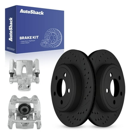 AutoShack Rear Drilled & Slotted Brake Rotors Calipers | Replacement for Dodge Magnum 2006-2014 Charger 2011-2014 Challenger 2005-2014 Chrysler 300 | Black E-Coated | 4-PC Brake Kit | NightGuard