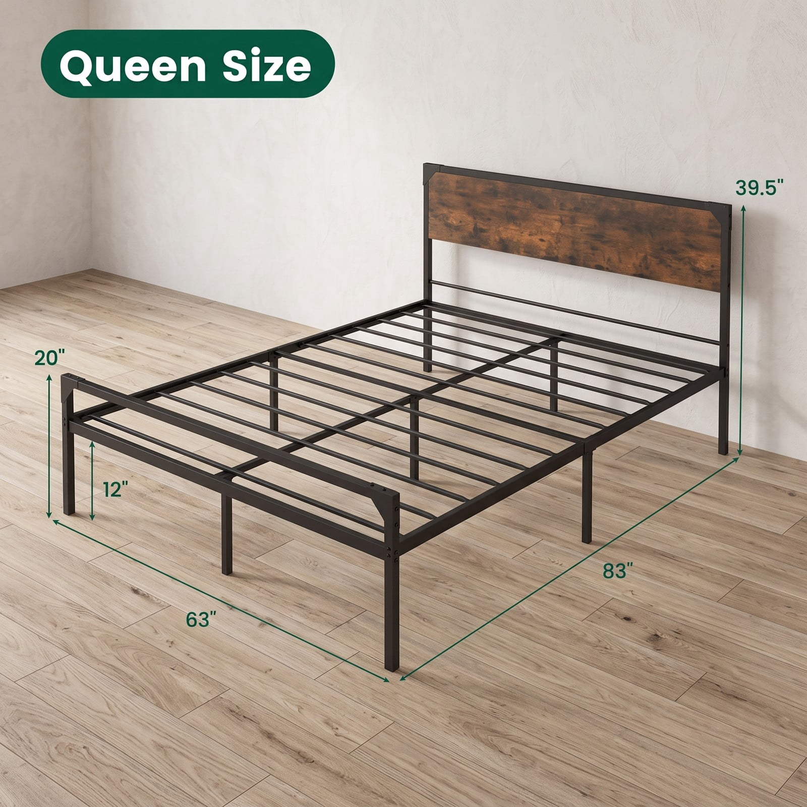 Furnibear Queen Platform Bed Frame with Rustic Wood Headboard and Footboard and Under-Bed Storage for Bedroom, Rustic Brown and Black