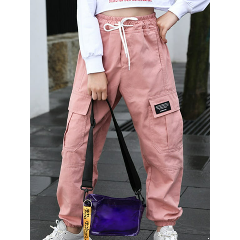 YONGHS Kids Girls Cargo Pants Casual Long Trousers Solid Color