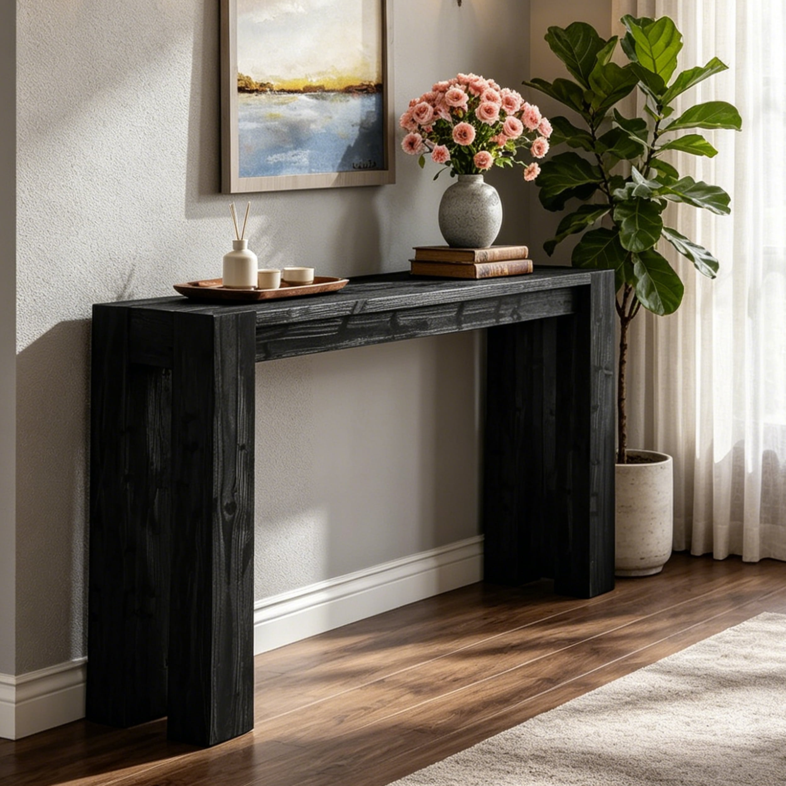 Fnova 70.9" Solid Wood Black Console Table, Farmhouse Extra Long Narrow Entryway Table, Heavy Duty Sofa Table for Living Room, Hallway, Foyer
