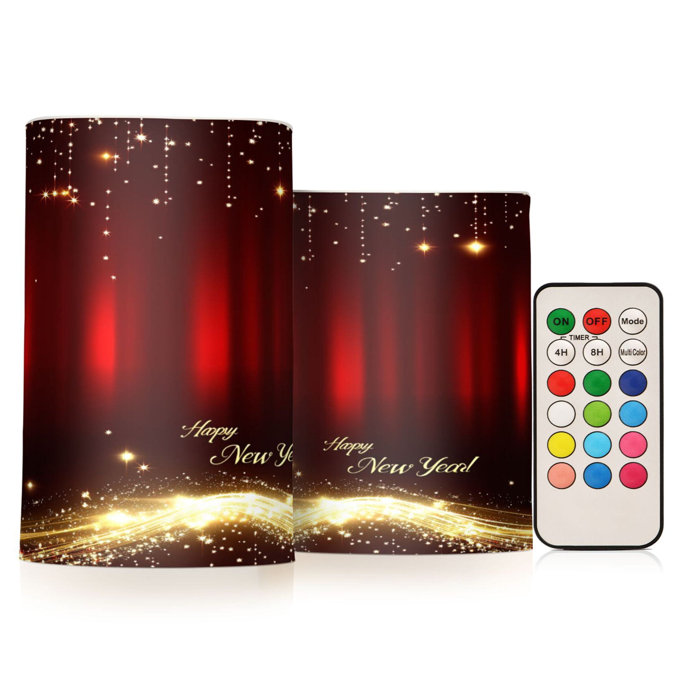 Happy New Year Design Set of 2 Flameless LED Candles Remote and Timer Indoor Outdoor