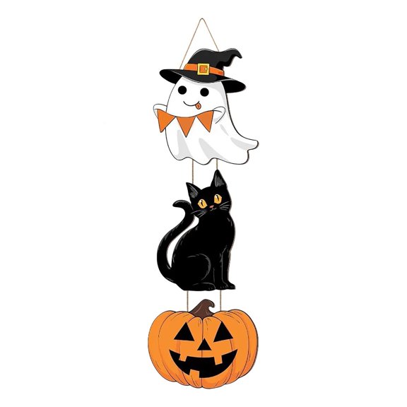 Cadancy Halloween Decorations Wooden Door Hanger Ghost Cat Pumpkin Hanging Sign Front Porch Wall Decor Wood Layered Spooky Seasonal Entryway Indoor Outdoor Party Home Holiday Decor