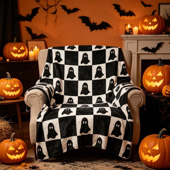 Halloween Fleece Throw Blanket Black White Checkered Ghost Pattern Soft Plush Couch Cover Warm Cozy Decorative Nap Blanket for Bedroom Office Holiday Party