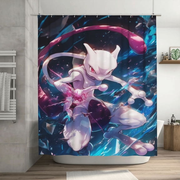 Mewtwo Shower Curtain Cartoon Art Bath Shower Curtains with 12 Hooks, Waterproof Washable Polyester Bathroom Home Decor Set 72x72 Inch, Plastic