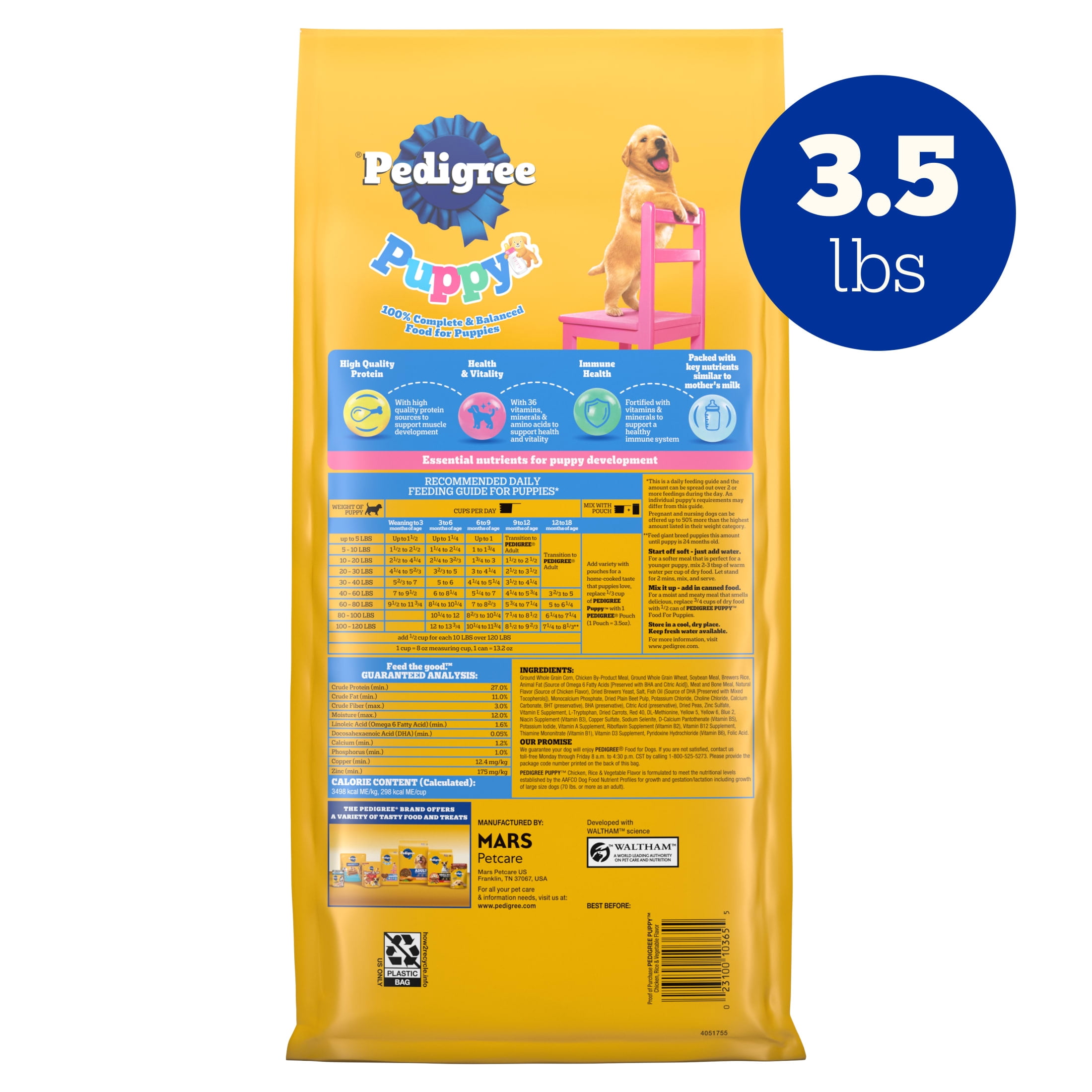Pedigree Puppy Growth & Protection Dry Dog Food, Chicken & Vegetable Flavor, 3.5 Lb Bag