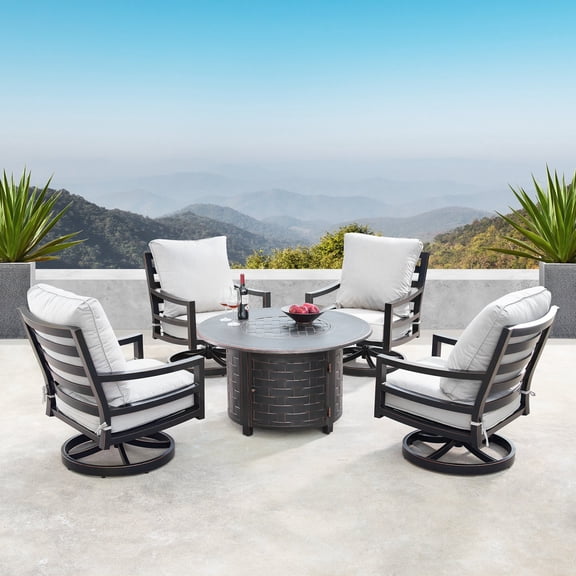 Oakland Living  44 in. Outdoor Aluminum Round Fire Table Set with Four Deep Seating Swivel Rocking Chair - 5 Piece
